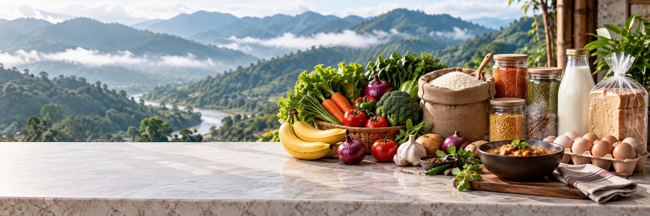 Fresh groceries arranged in front of a green mountain landscape